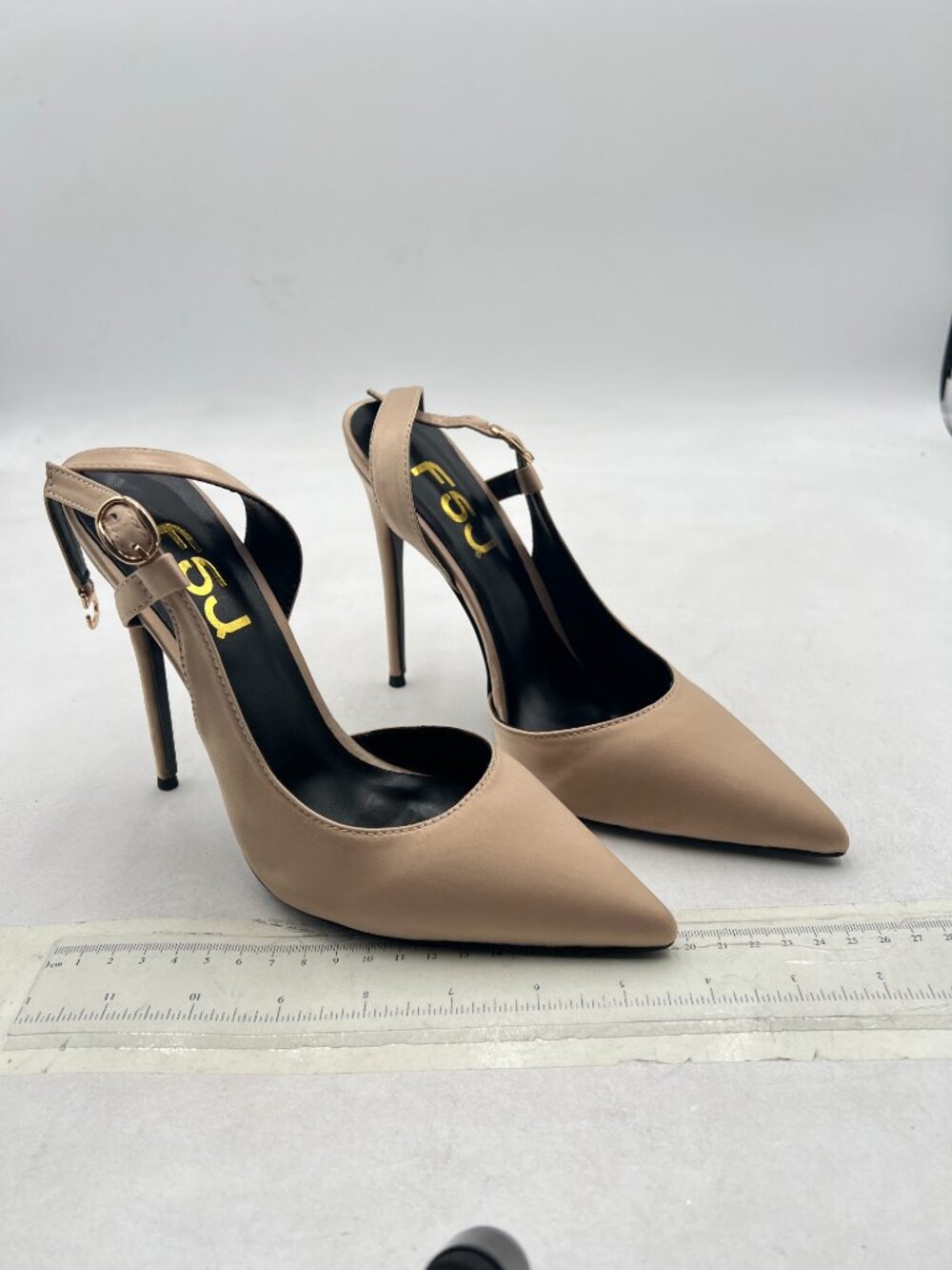 FSJ Light-khaki Satin Pointed Toe D'Orsay High Heel Slingback Pumps - Picture 4 of 8
